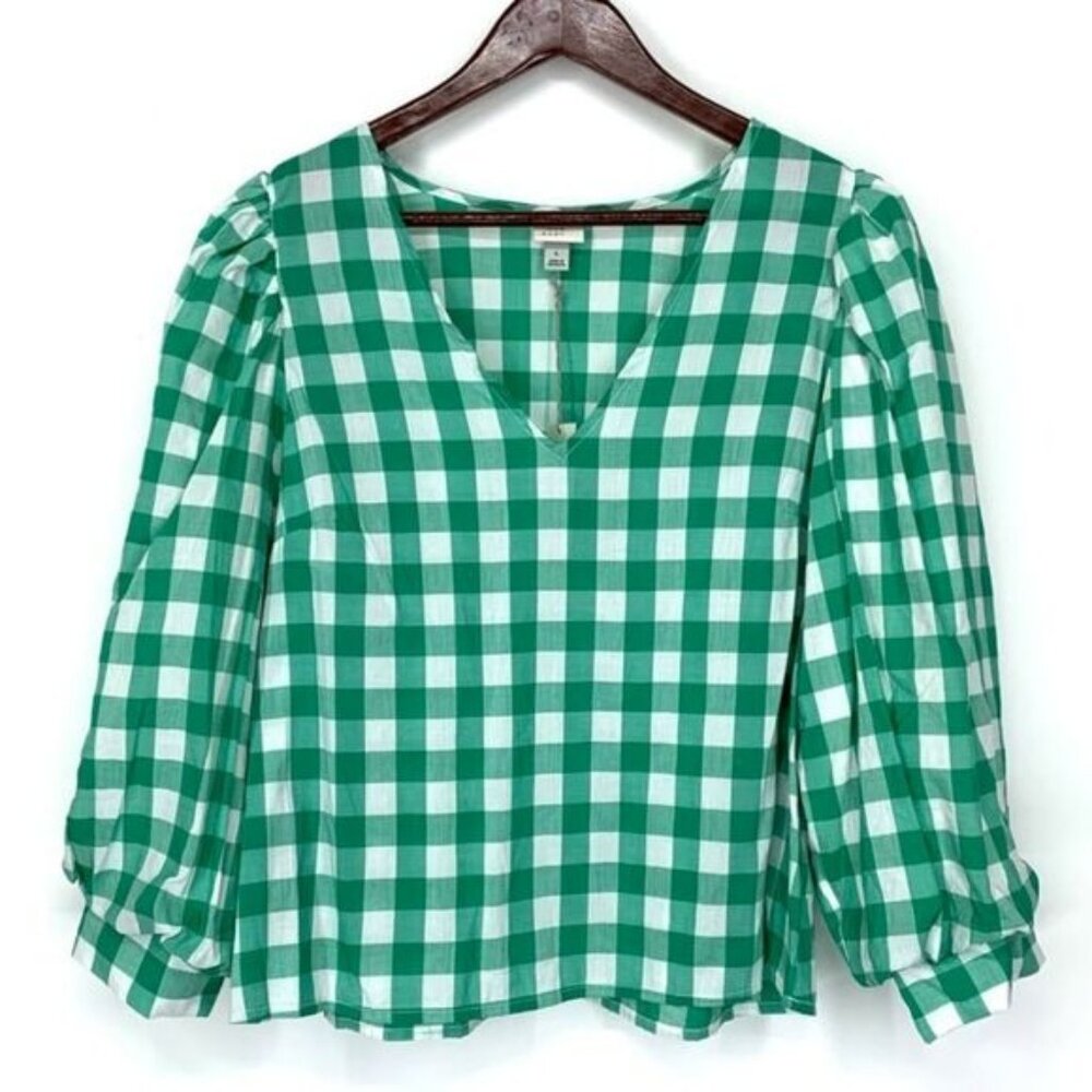 Green and white checkered shirt with puffed sleeves